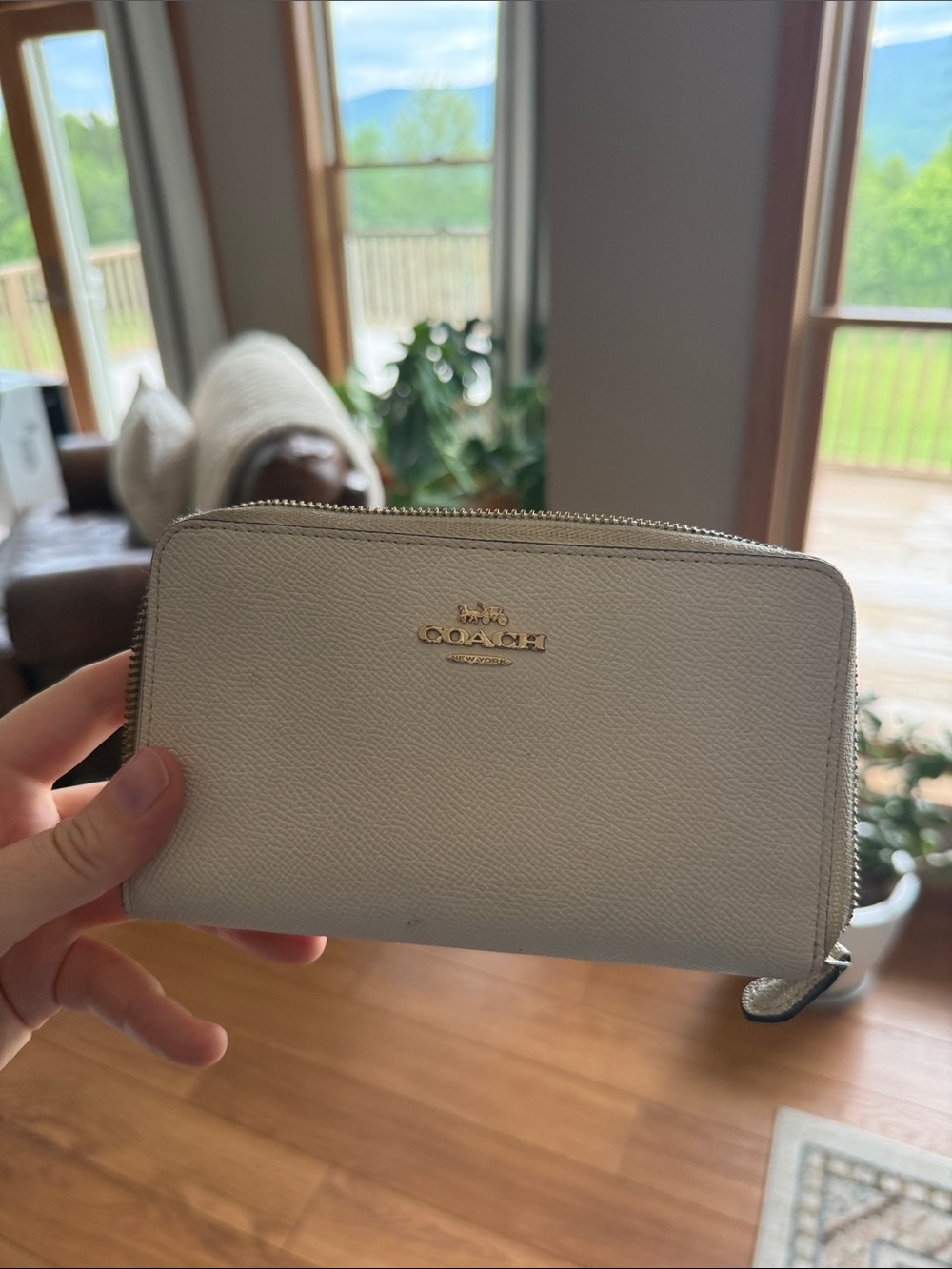 Coach Cream Zip-Around Leather Wallet with Gold Logo